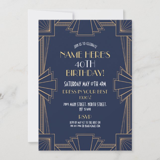 Art Deco Birthday Gatsby Party Navy & Guld Inbjudningar (Framsida)