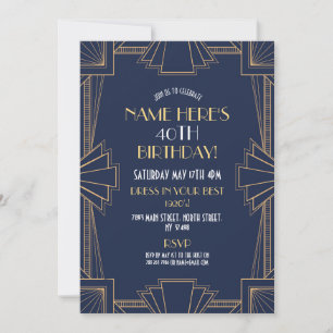 Art Deco Birthday Gatsby Party Navy & Guld Inbjudningar