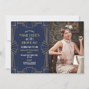 Art Deco Birthday Gatsby Party Navy Photo 1920 Inbjudningar