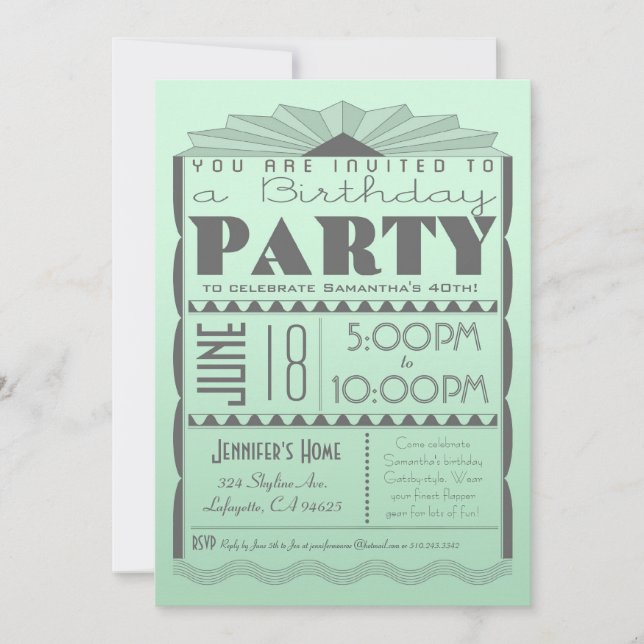 Art Deco Birthday Inbjudan - Gatsby Stil Mint (Framsida)