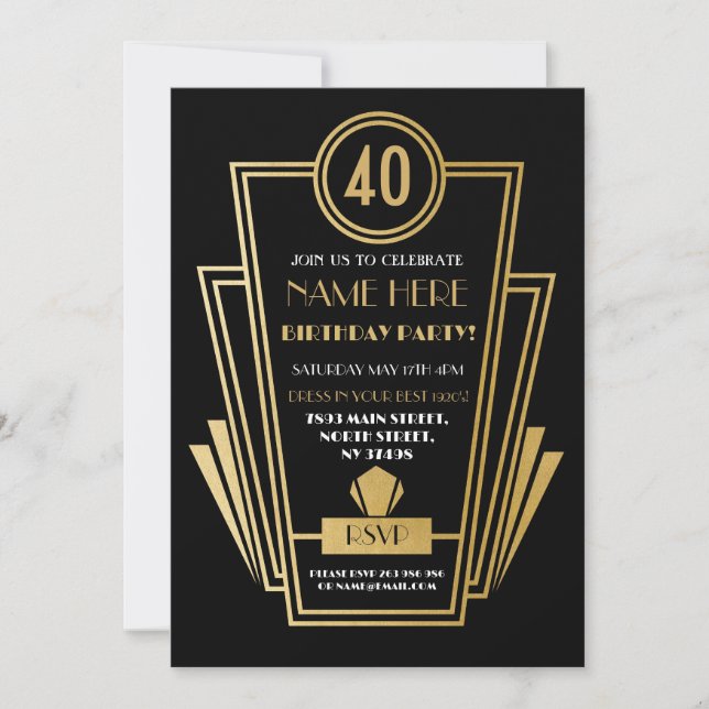 Art Deco Birthday Inbjudan Party Guld (Framsida)