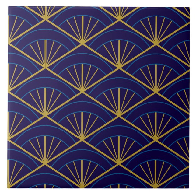 Art Deco Blå Guld Geometrisk Kakelplatta (Framsidan)