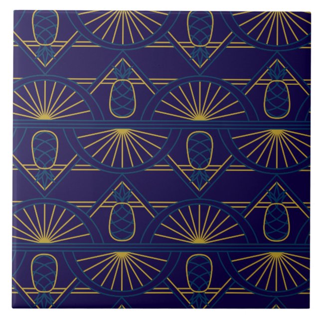 Art Deco Blå Guld Geometrisk Kakelplatta (Framsidan)
