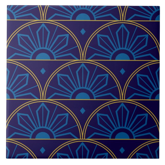 Art Deco Blå Guld Geometrisk Kakelplatta (Framsidan)