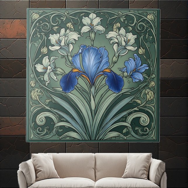 Art Deco Blå Iris Blommande Blommotiv Botanisk Kakelplatta (Art Deco Blue Iris Bloom Floral Motifs Botanical Ceramic Tile)
