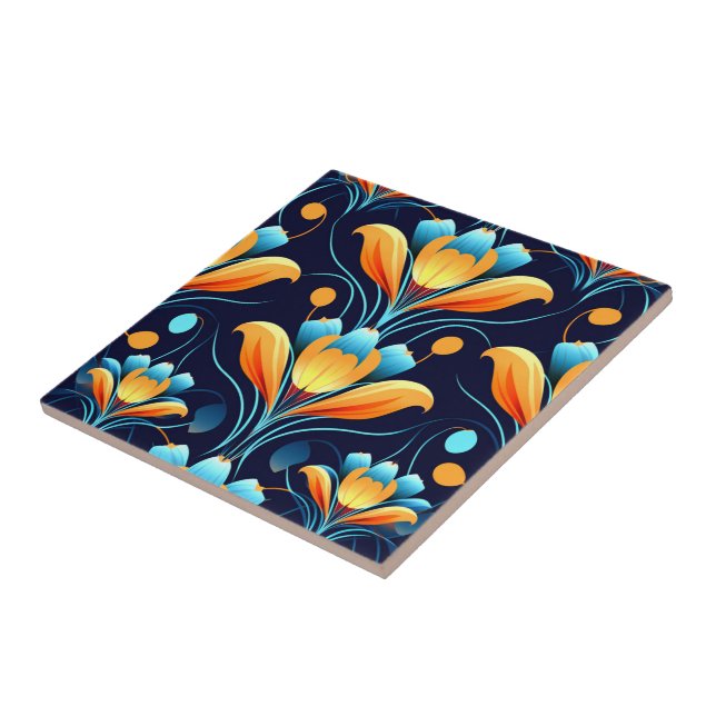 Art Deco blå orange blommor Kakelplatta (Sidan)