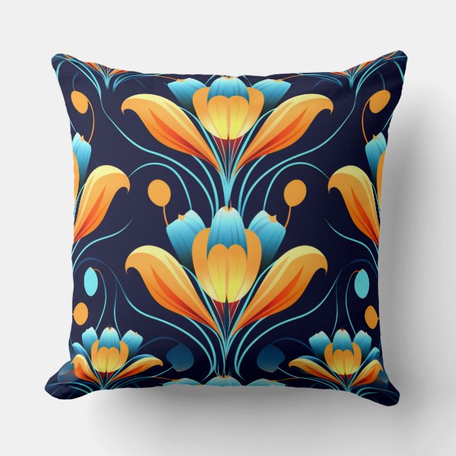 Art Deco blå orange blommor Kudde (Framsida)
