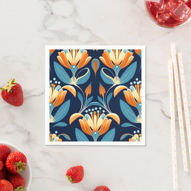 Art Deco blå orange blommor Pappersservett (Insitu)