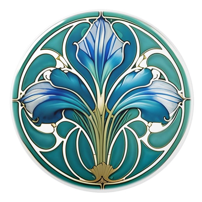 Art Deco Blå Stilisert Lilja 2 Knopp (Framsidan)