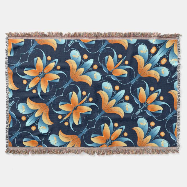 Art Deco-blåa orange blommor Filt (Framsidan)