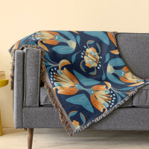 Art Deco-blåa orange blommor Filt