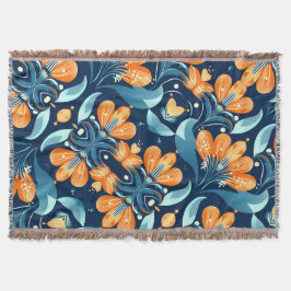 Art Deco-blåa orange blommor Filt