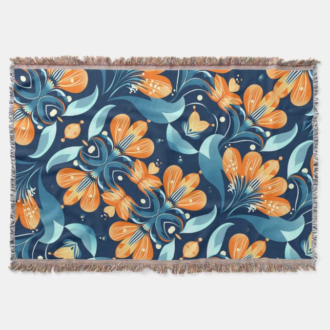 Art Deco-blåa orange blommor Filt (Framsidan)