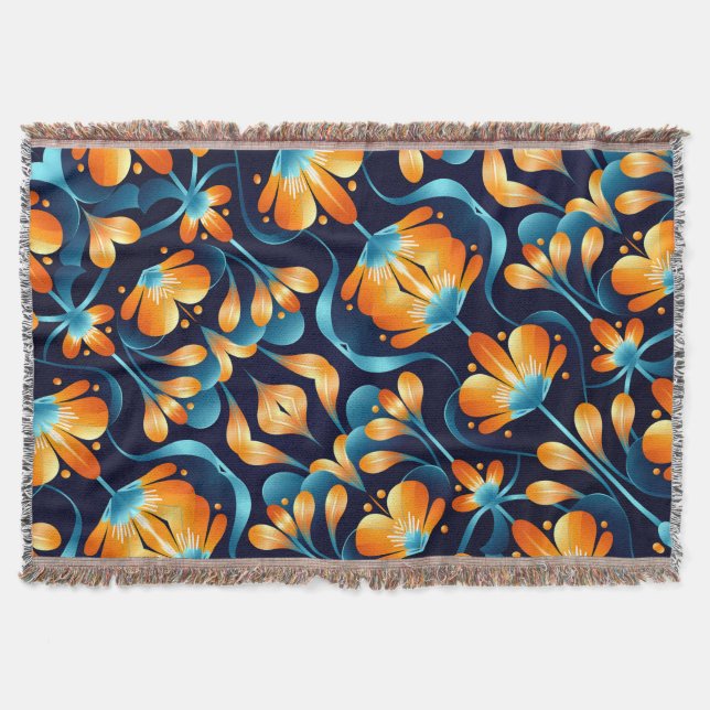 Art Deco-blåa orange blommor Filt (Framsidan)