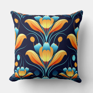Art Deco-blåa orange blommor Kudde