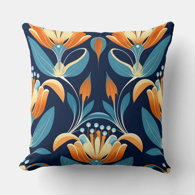 Art Deco-blåa orange blommor Kudde (Framsida)