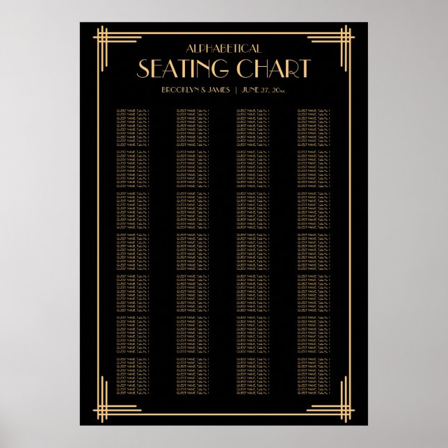 Art Deco Black Alphabetical Bröllop Seatschdiagram Poster (Framsidan)