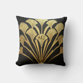 Art Deco Black and Gold Hieroglyphic Plant Motif Kudde