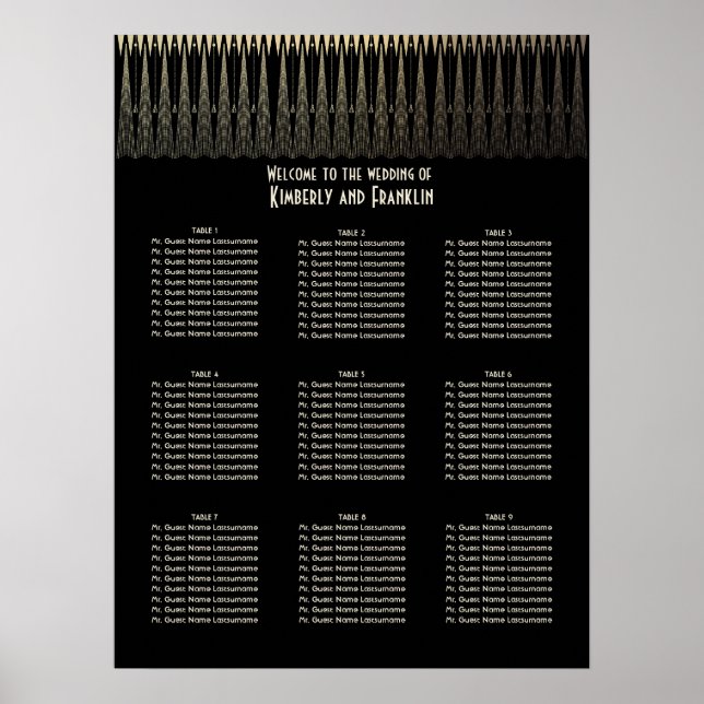 Art Deco Black and Guld Bröllop Seatschdiagram Poster (Framsidan)