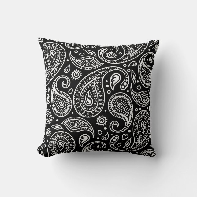 Art Deco Black and White Blommigt Paisley Mönster Kudde (Framsida)