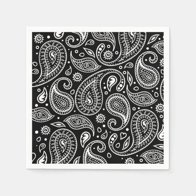 Art Deco Black and White Blommigt Paisley Mönster Pappersservett (Framsidan)