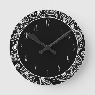 Art Deco Black and White Blommigt Paisley Mönster Rund Klocka