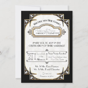 Art Deco Black and White Guld Typography Bröllop Inbjudningar