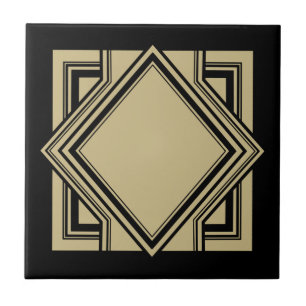 Art Deco Black Beige Guld Chic Geometric Square 05 Kakelplatta
