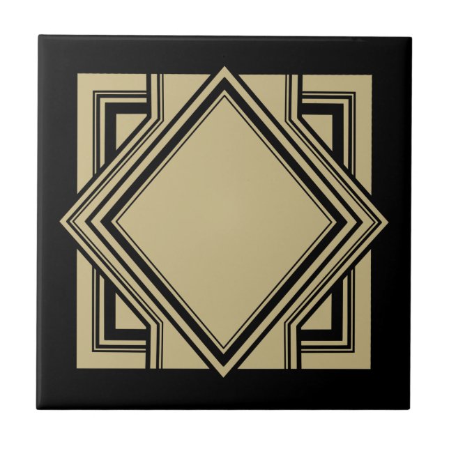 Art Deco Black Beige Guld Chic Geometric Square 05 Kakelplatta (Framsidan)