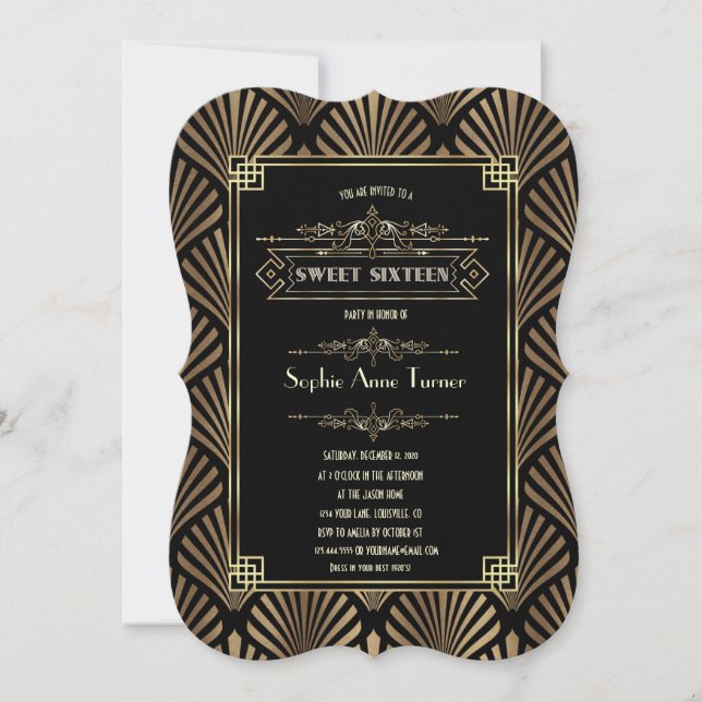 Art Deco Black Gatsby 1920-talets Sweet sixteen Inbjudningar (Framsida)