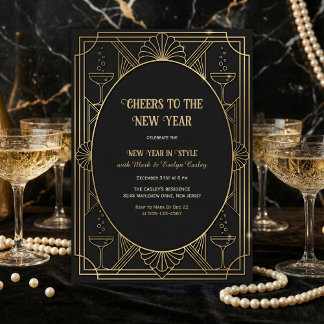 Art Deco Black & Gold Cheers to the New Year Inbjudningar