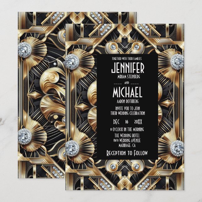 Art Deco Black & Gold Diamond Wedding Invitations Inbjudningar (Fram/baksida)