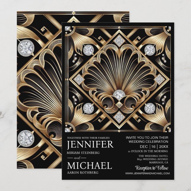 Art Deco Black & Gold Diamond Wedding Invitations  Inbjudningar (Fram/baksida)