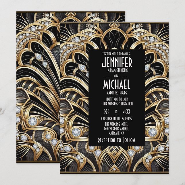 Art Deco Black & Gold Diamond Wedding Invitations Inbjudningar (Fram/baksida)