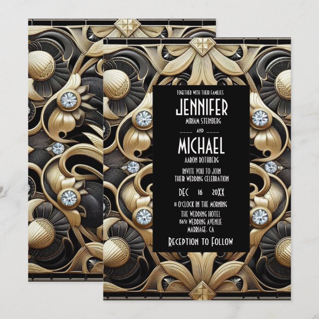 Art Deco Black & Gold Diamond Wedding Invitations Inbjudningar (Fram/baksida)