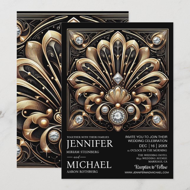 Art Deco Black & Gold Diamond Wedding Invitations  Inbjudningar (Fram/baksida)