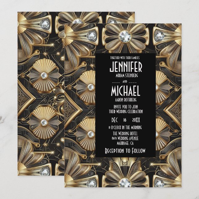 Art Deco Black & Gold Diamond Wedding Invitations Inbjudningar (Fram/baksida)