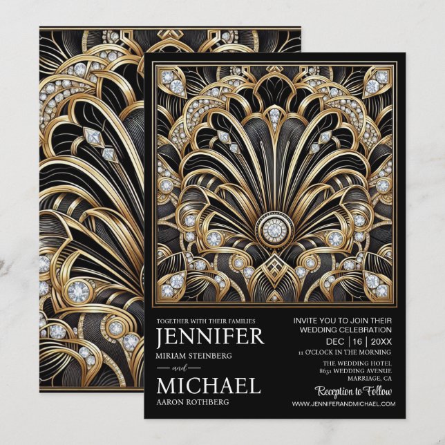 Art Deco Black & Gold Diamond Wedding Invitations  Inbjudningar (Fram/baksida)
