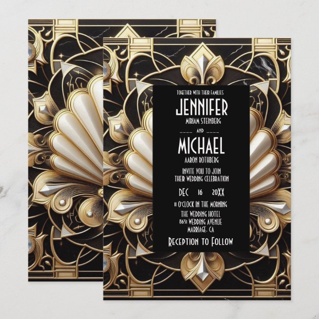 Art Deco Black & Gold Diamond Wedding Invitations Inbjudningar (Fram/baksida)