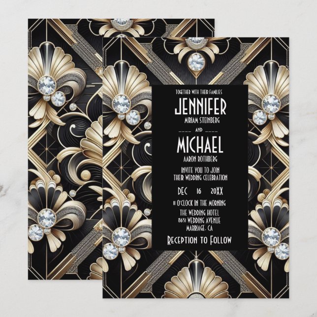 Art Deco Black & Gold Diamond Wedding Invitations Inbjudningar (Fram/baksida)