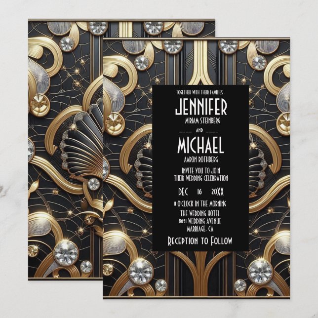 Art Deco Black & Gold Diamond Wedding Invitations Inbjudningar (Fram/baksida)
