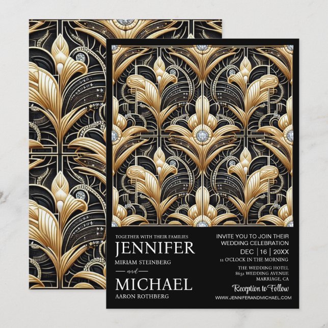Art Deco Black & Gold Diamond Wedding Invitations  Inbjudningar (Fram/baksida)