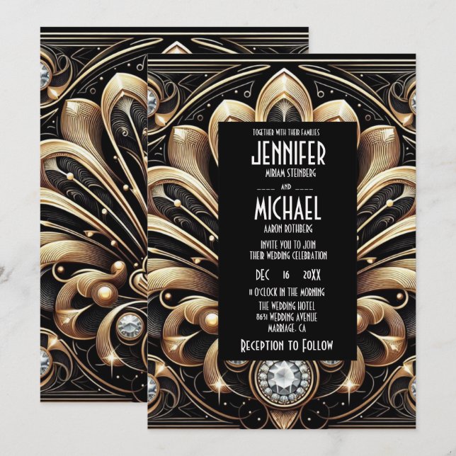 Art Deco Black & Gold Diamond Wedding Invitations Inbjudningar (Fram/baksida)