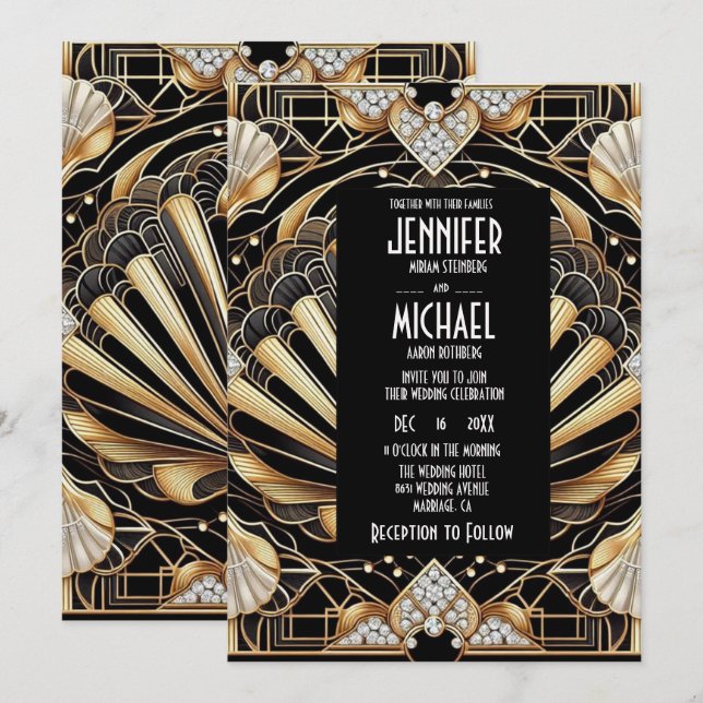 Art Deco Black & Gold Diamond Wedding Invitations Inbjudningar (Fram/baksida)