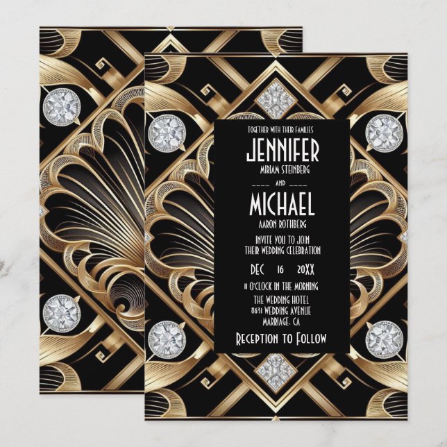 Art Deco Black & Gold Diamond Wedding Invitations Inbjudningar (Fram/baksida)