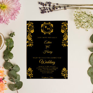 Art Deco Black Gold Foil Monogram Classic Bröllop Inbjudningar