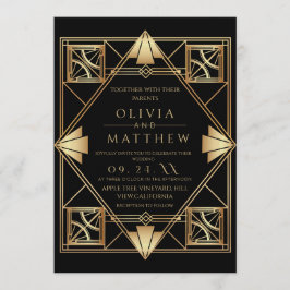 Art Deco Black Gold Frame Wedding Inbjudningar