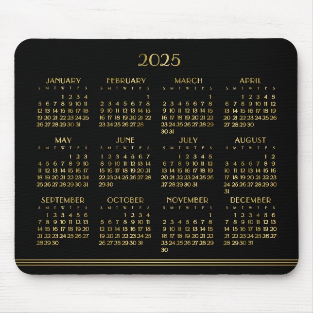 Art Deco Black Guld Årskalender 2025 Musmatta (Framsidan)