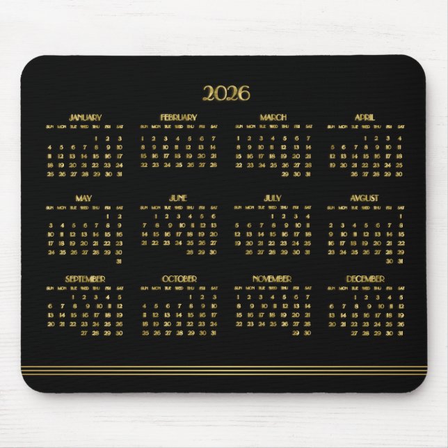Art Deco Black Guld Årskalender 2026 Musmatta (Framsidan)