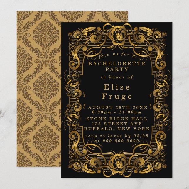 Art Deco Black Guld Bachelorette-partiets inbjudan (Fram/baksida)